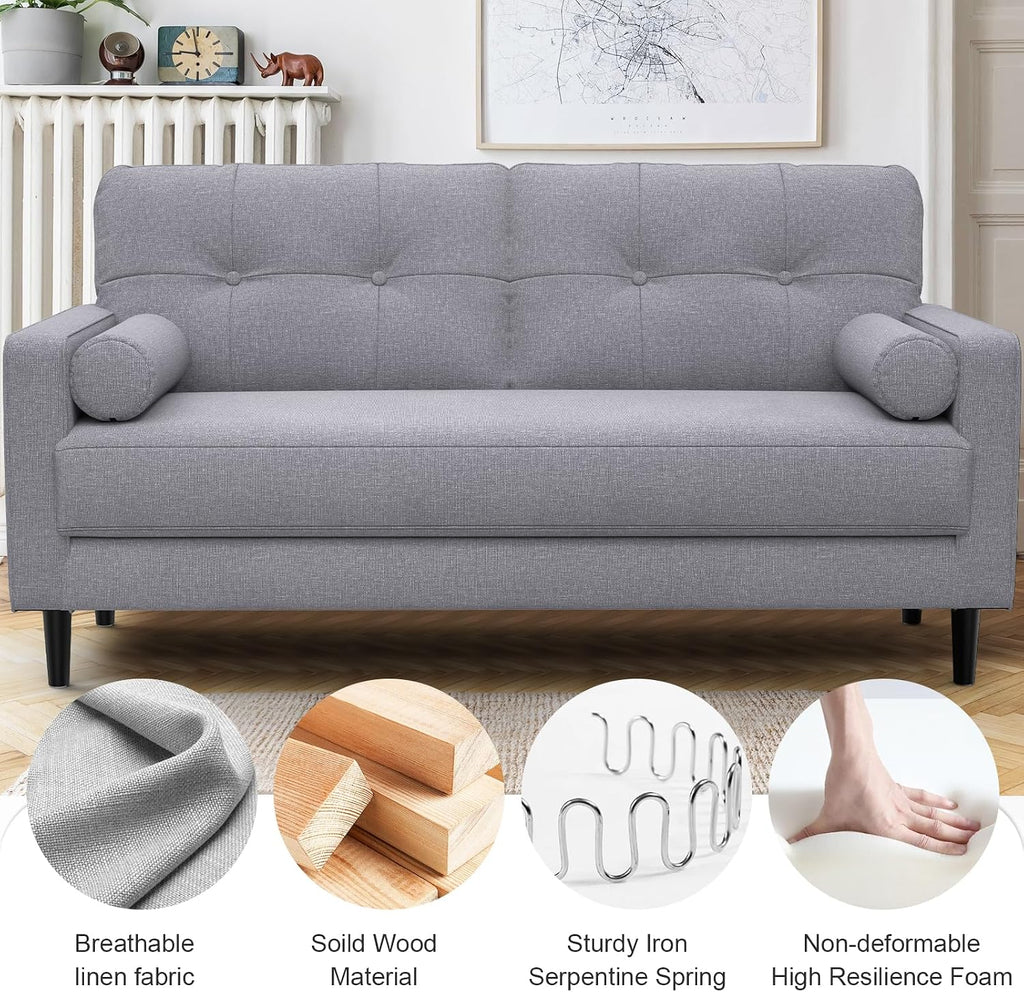 2 Seater Sofa, Thick Cushions,2 Pillows & Pockets (Ash Grey) | Comfy Linen 2 Seater Sofa Couch, 2 Pillows & Side Pockets Storage, Ergonomic Design, Easy Assembly for Living Room, Office