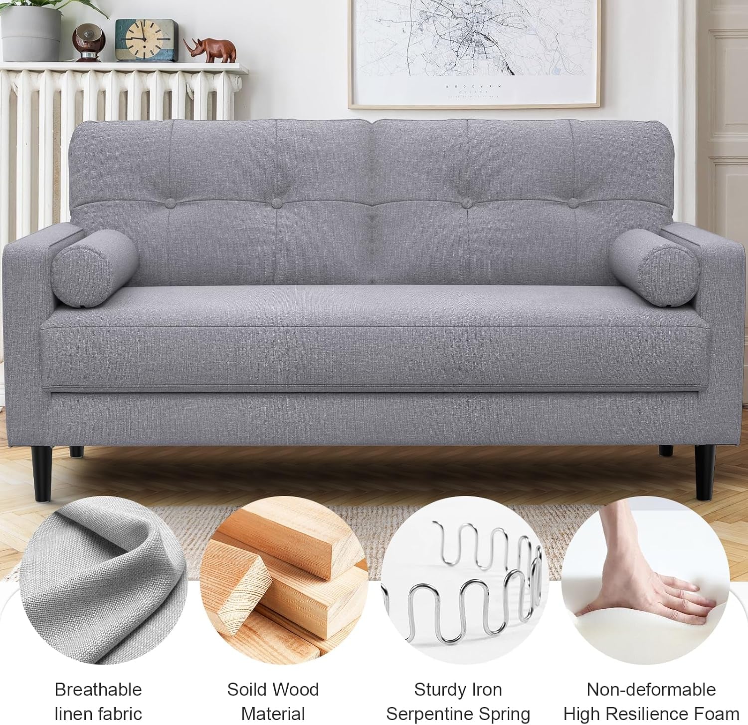 2 Seater Sofa, Thick Cushions,2 Pillows & Pockets (Ash Grey) | Comfy Linen 2 Seater Sofa Couch, 2 Pillows & Side Pockets Storage, Ergonomic Design, Easy Assembly for Living Room, Office