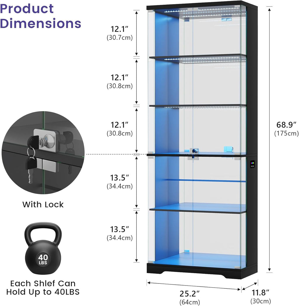 RGB Display Cabinet with Glass Doors, 175CM, Black | RGB Lights, 5-Tier Lockable Shelves for Collectibles/Figures/Books, Smart Human Sensor, for Living Room, Gaming Room