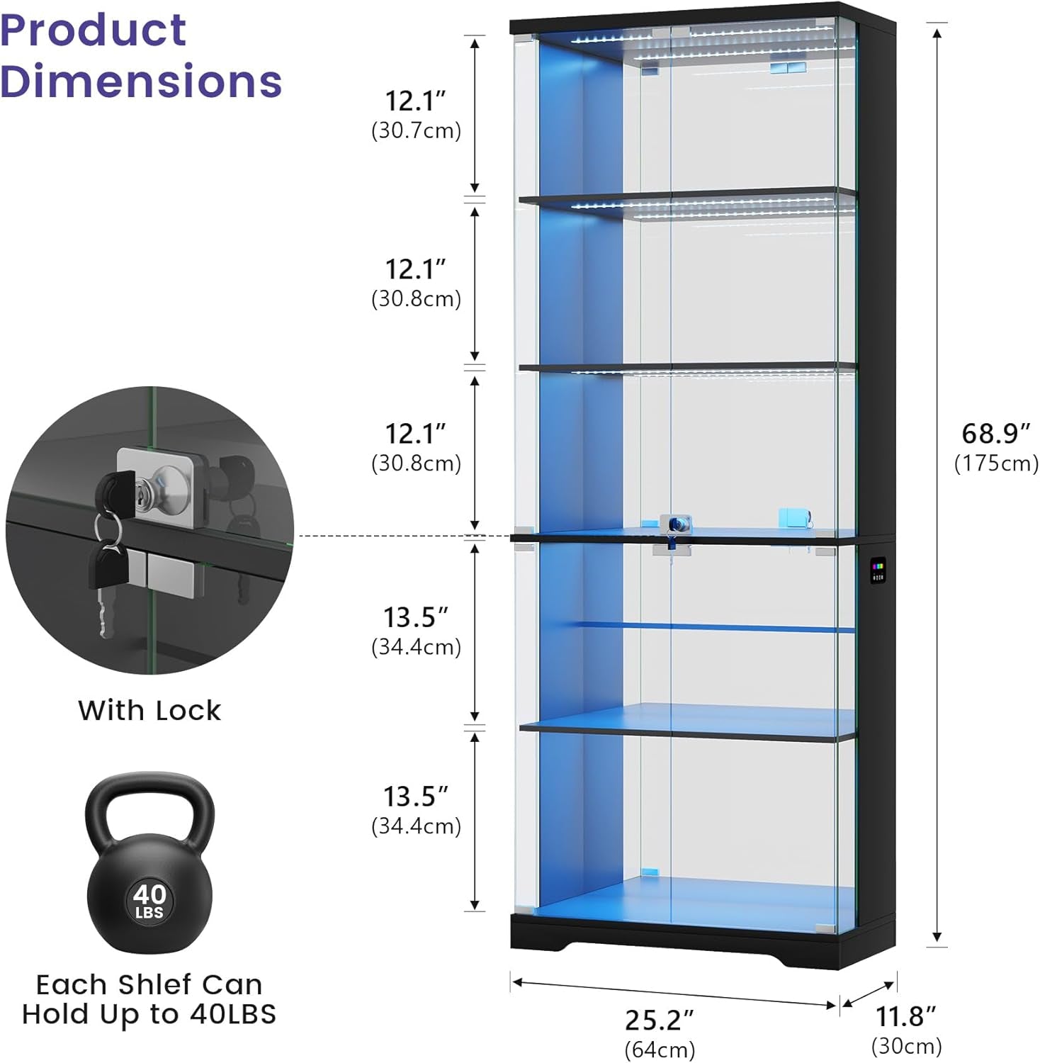 RGB Display Cabinet with Glass Doors, 175CM, Black | RGB Lights, 5-Tier Lockable Shelves for Collectibles/Figures/Books, Smart Human Sensor, for Living Room, Gaming Room