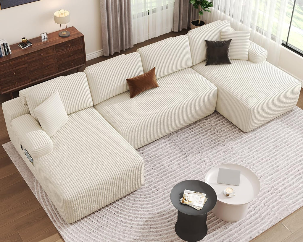 320Cm U Shaped Sofa Modular Convertible Boneless Couch | Comfort Sectional Sofa Couch, Modern Corduroy Deep Seat Couch, Convertible 4-Seater for Living Room (Beige)