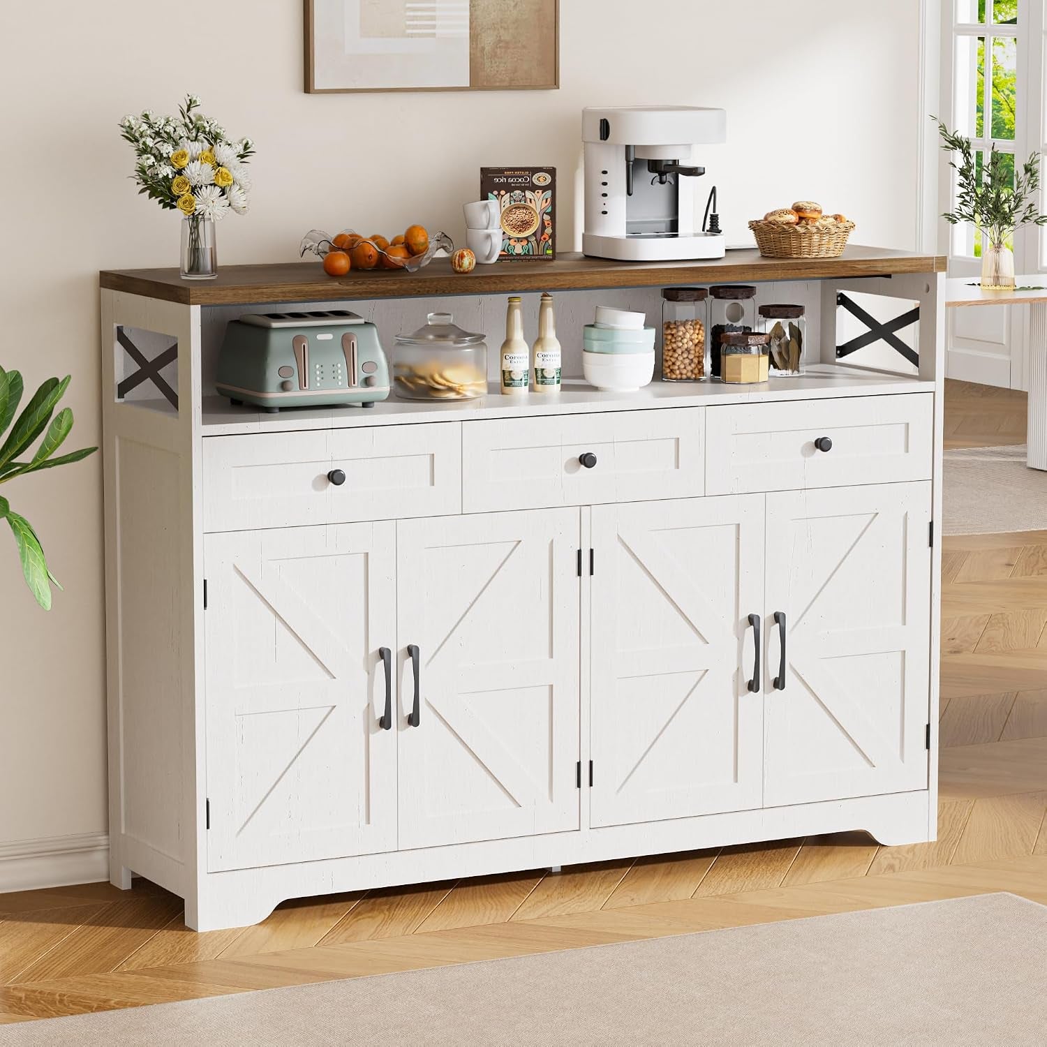 Sideboards Cabinet with Power Outlets,Wooden Storage Sideboard with Adjustable Shelf,3 Drawers and Open Shelf,Buffet Cupboard for Living Room,Kitchen,Hallway, Dining Room,Woodgrain White