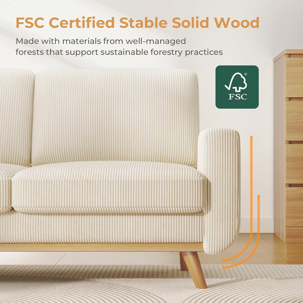 172Cm Loveseat Sofa Beige, Comfy Corduroy Couch with Spring Cushion, 2 Seater Sofa with Solid Wood, Sofa Couch with Deep Seat, Sofa for Bedroom, Loveseat for Living Room, Beige Office Couch