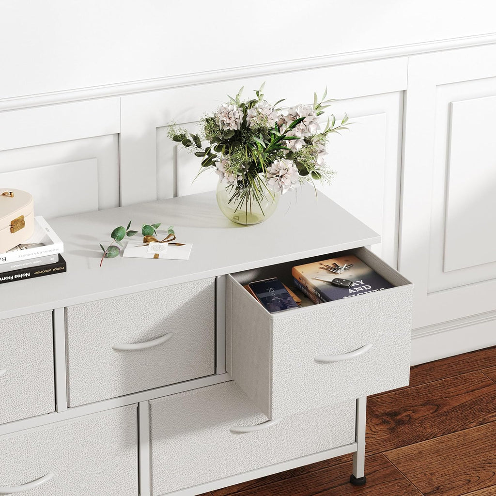 Chest of Drawers with 5 Drawers, White Fabric Dresser with Wood Top for Bedroom, Living Room, Large Storage Space