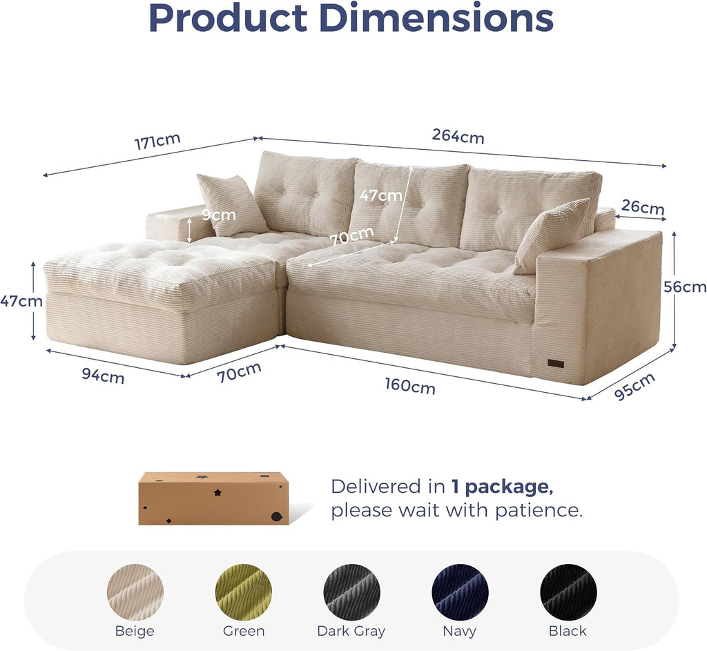 Modular Sectional Sofa,Jumbo Cord 3-4 Seater Corner Sofa Left/Right Hand Facing Corduroy L Shaped Couch for Living Room Bedroom, No Assembly Required Off-White