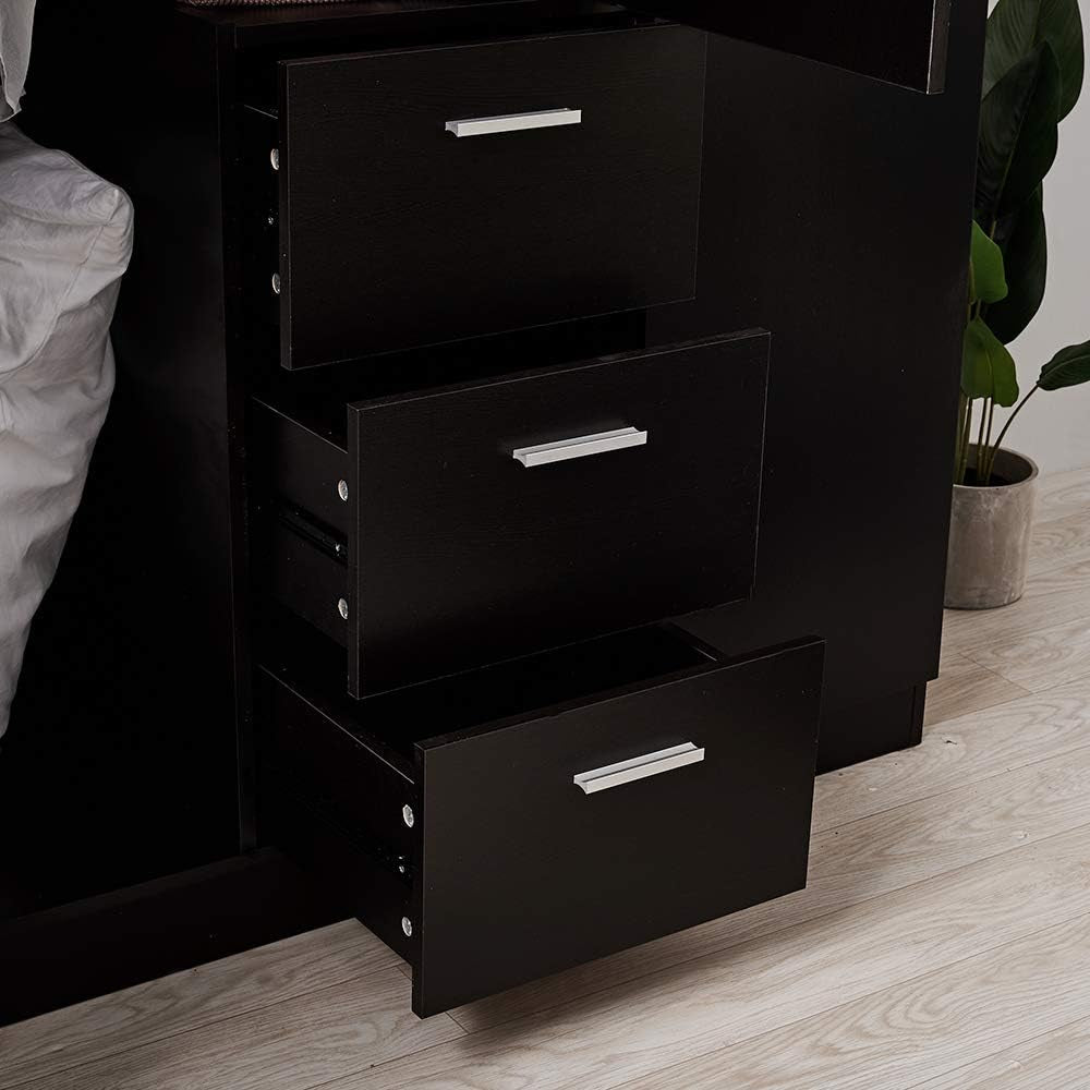 Wooden 3 Doors 3 Drawers Wardrobes with Hanging Rail and Storage Shelves Modern Large Clothes Cupboards Unit for Bedroom Furniture (Black)