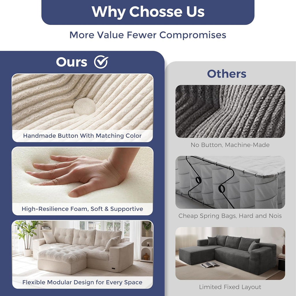 Modular Sectional Sofa,Jumbo Cord 3-4 Seater Corner Sofa Left/Right Hand Facing Corduroy L Shaped Couch for Living Room Bedroom, No Assembly Required Off-White