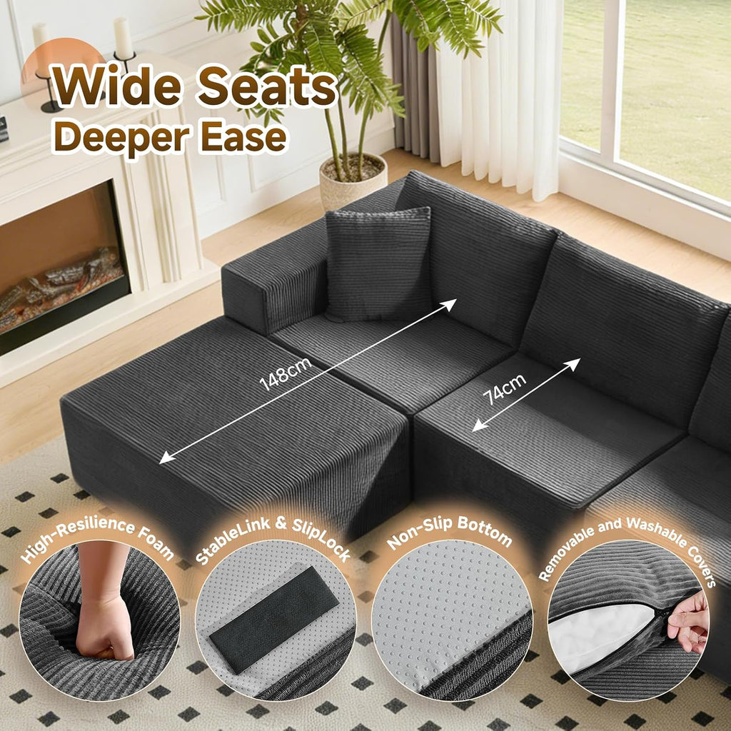 275 Cm Modular L-Shaped Sectional Sofa, 3/4 Seater Corner Sofa with Chaise Lounge, Boneless Cloud Couch, Modern Plush Corduroy Couch for Apartment & Living Room, No Assembly Required, Black