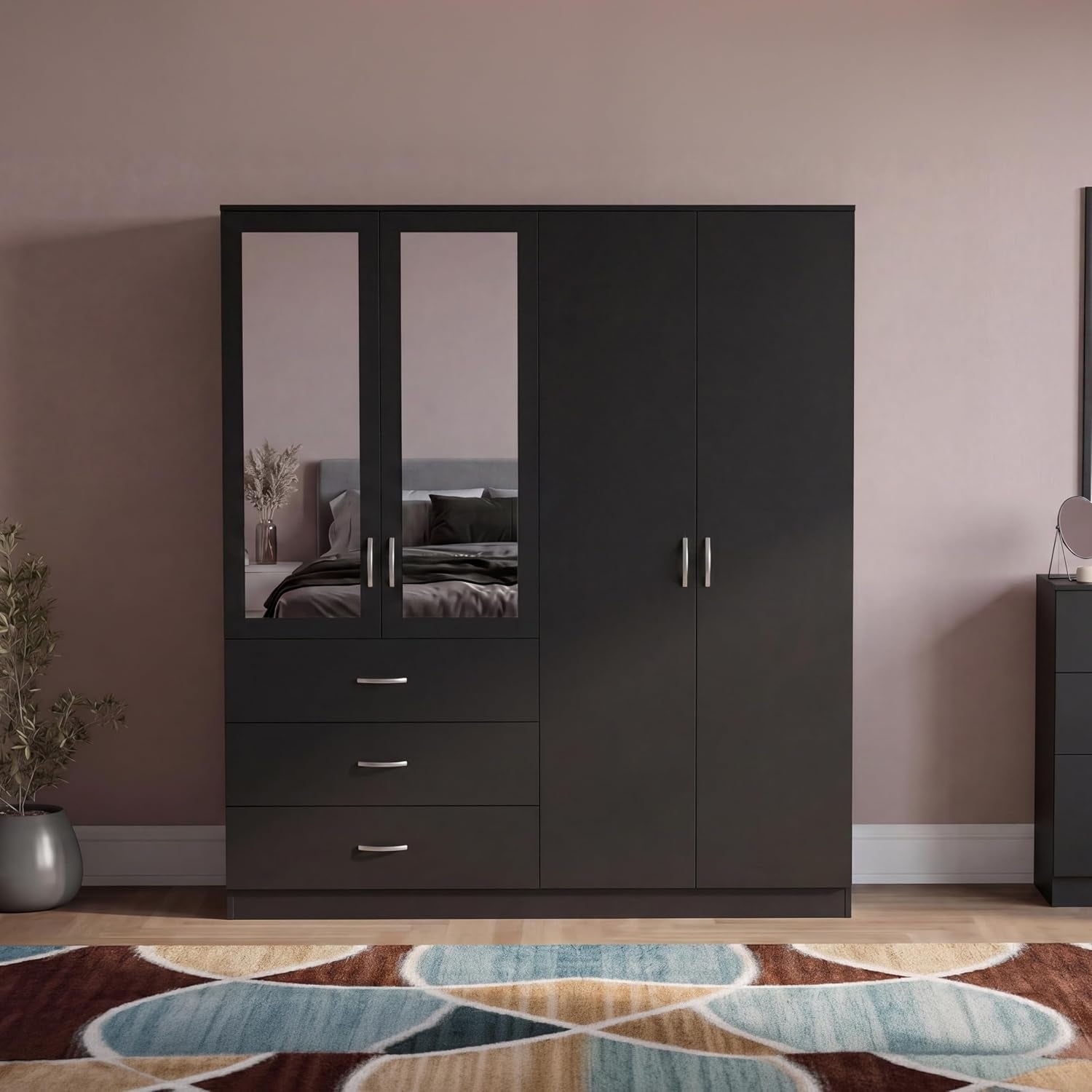 Riano 4 Door 3 Drawer Mirrored Wardrobe | Black | Modern Bedroom Furniture | 175H X 154W X 54D Cm | with Storage Shelf & Hanging Rail | Large Capacity Storage
