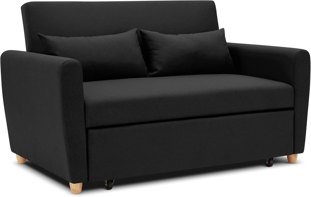 Black 2 Seater Sofa Bed Double, Pull Out Sofa Bed for Adults, Compact Fabric Sofabed with Fold Flat Mattress | Living Room Guest Bed | 140Cm