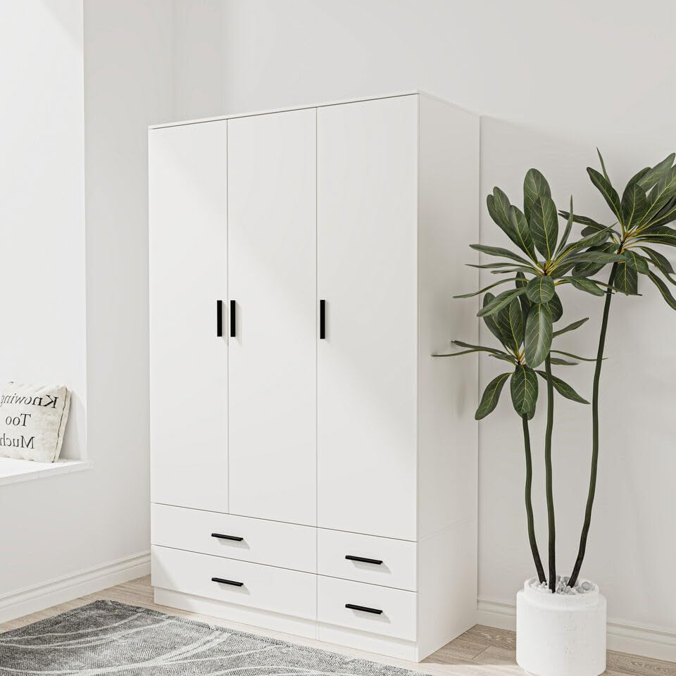 Modern 3 Door 4 Drawer Wardrobe with Hanging Rail, Bedroom Furniture, Storage Shelf Clothes Organiser Stylish Design, Ample Storage Solution (White)