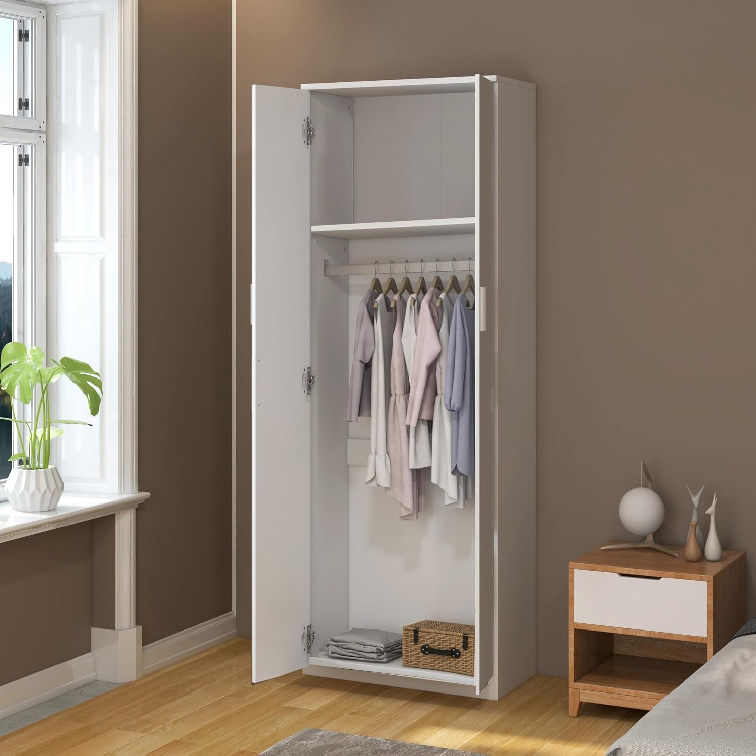 2 Door Mirrored Wardrobe with Hanging Rail Wooden Clothes Storage Cupboards Unit for Bedroom Furniture 72 X 47 X 170 Cm (White)
