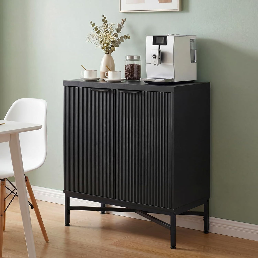 Fluted Buffet Sideboard, 2 Door Storage Cabinet with Metal Legs | Adjustable Shelf, X-Shaped Design, Anti-Tipping Kit, Modern Coffee Bar Cabinet for Living Room Dining Room Hallway (Black)