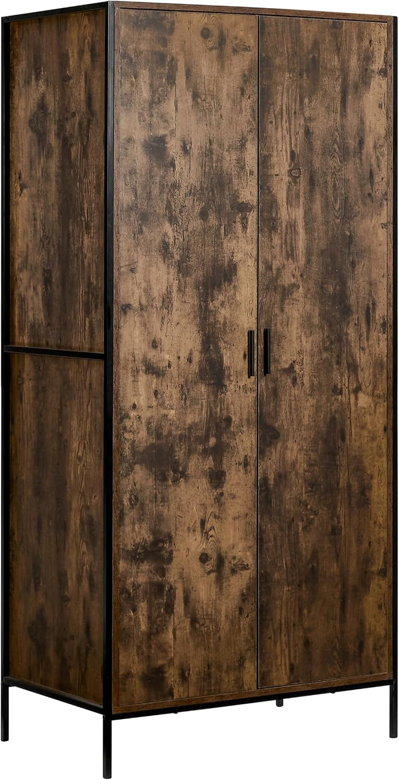 Brooklyn 2 Door Wardrobe Clothes Hanging Rail Shelf Industrial Rustic Bedroom Furniture (Dark Wood)