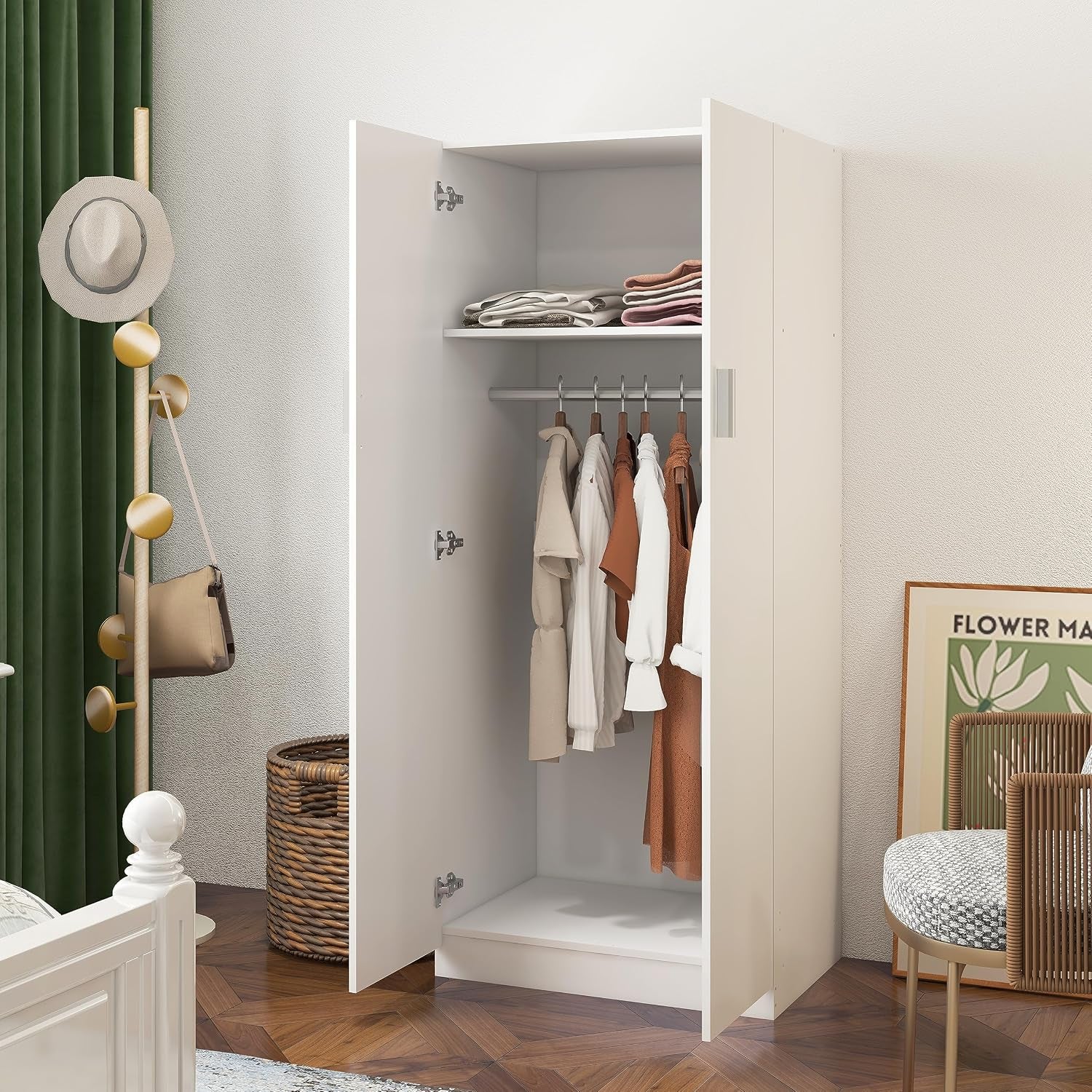 Wooden 2 Door Wardrobe with Shelf and Hanging Rail Modern Clothes Storage Cupboards Unit for Bedroom Furniture W 72 X D 49 X H 169 Cm (White)