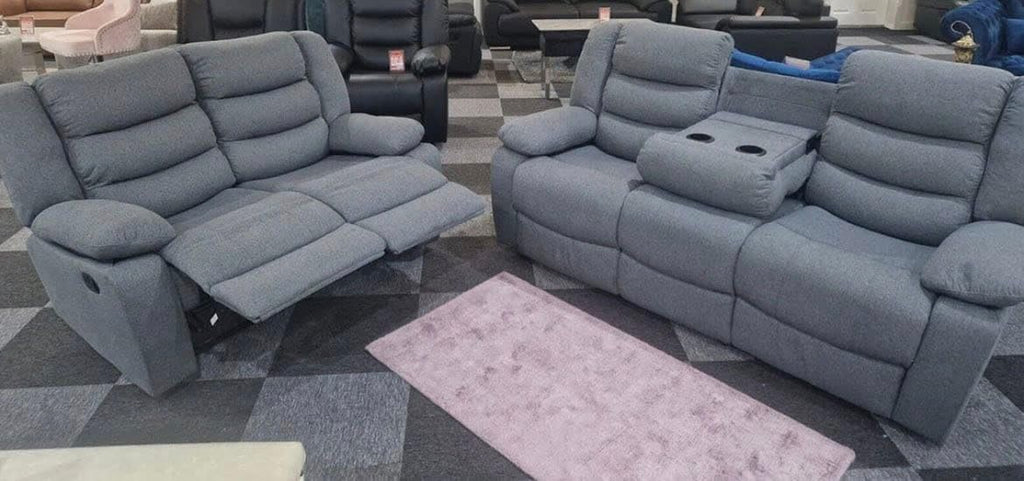 MNS Roma Fabric Reclining Sofa, Grey Fabric, 3+2 Seater with Cup Holders