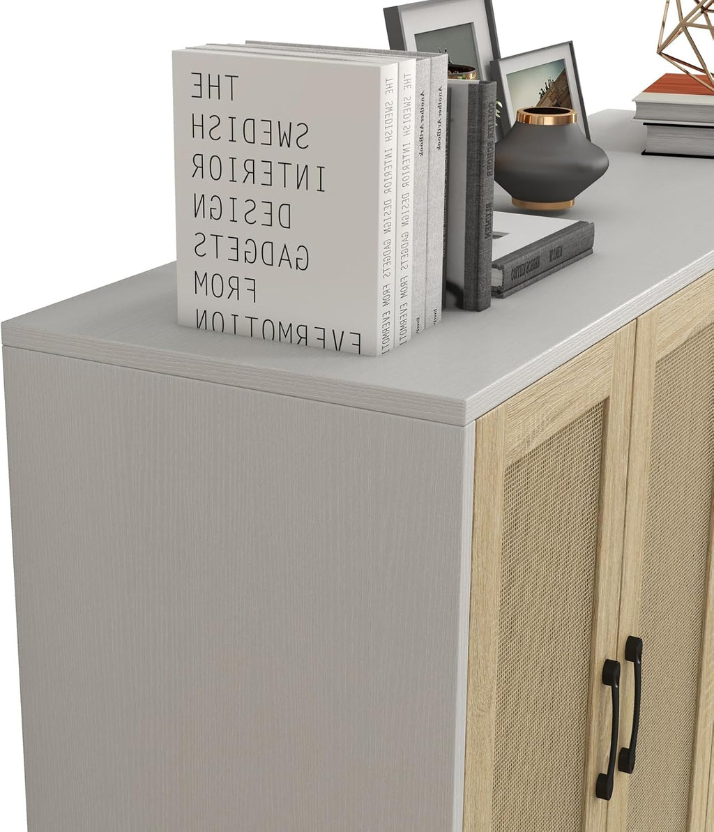 Buffet Storage Cabinet with Rattan Decorating Living Room Wood Kitchen Sideboard Accent Cabinet (White, 123(W) X 38(D) X 88(H))