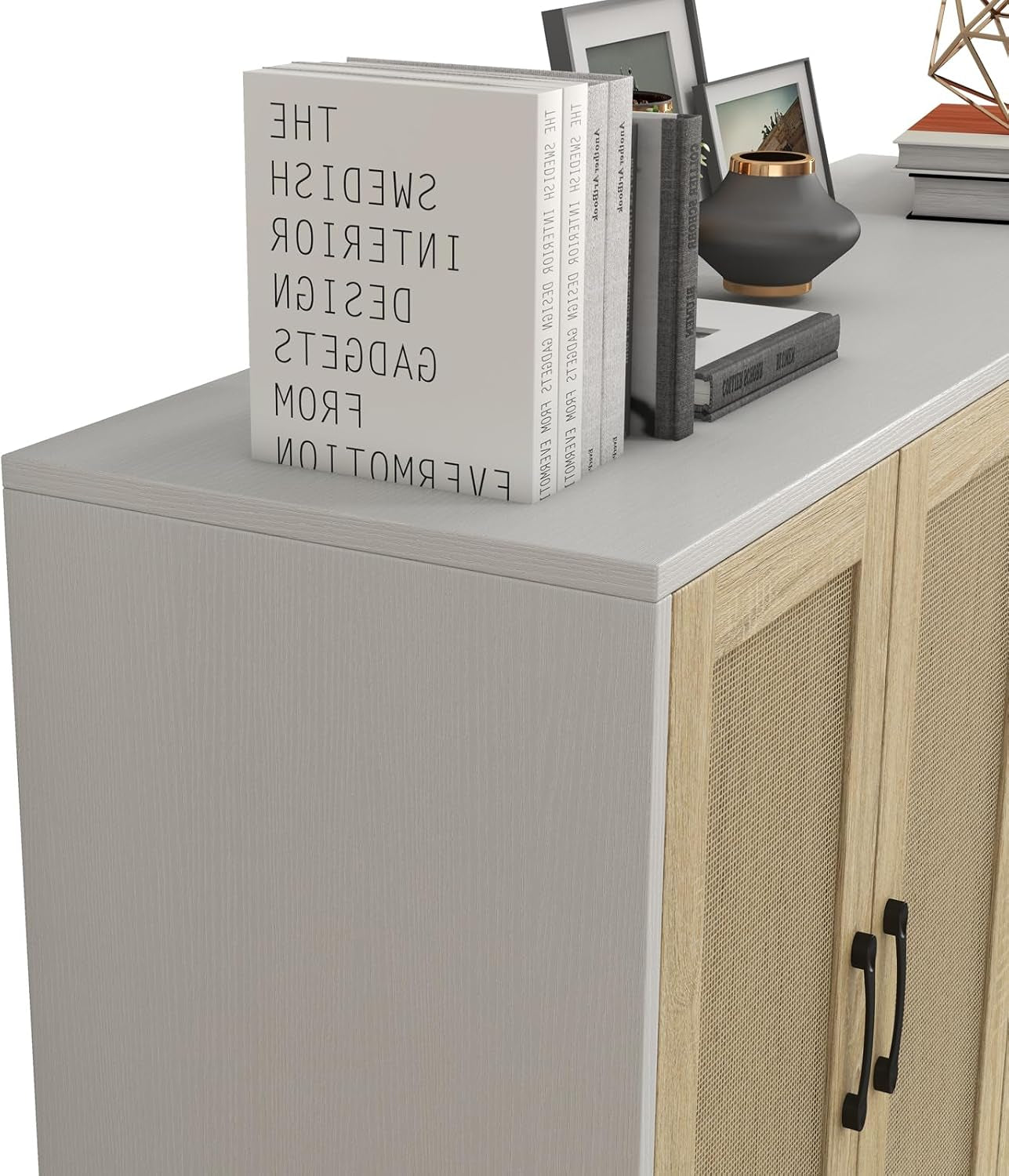 Buffet Storage Cabinet with Rattan Decorating Living Room Wood Kitchen Sideboard Accent Cabinet (White, 123(W) X 38(D) X 88(H))