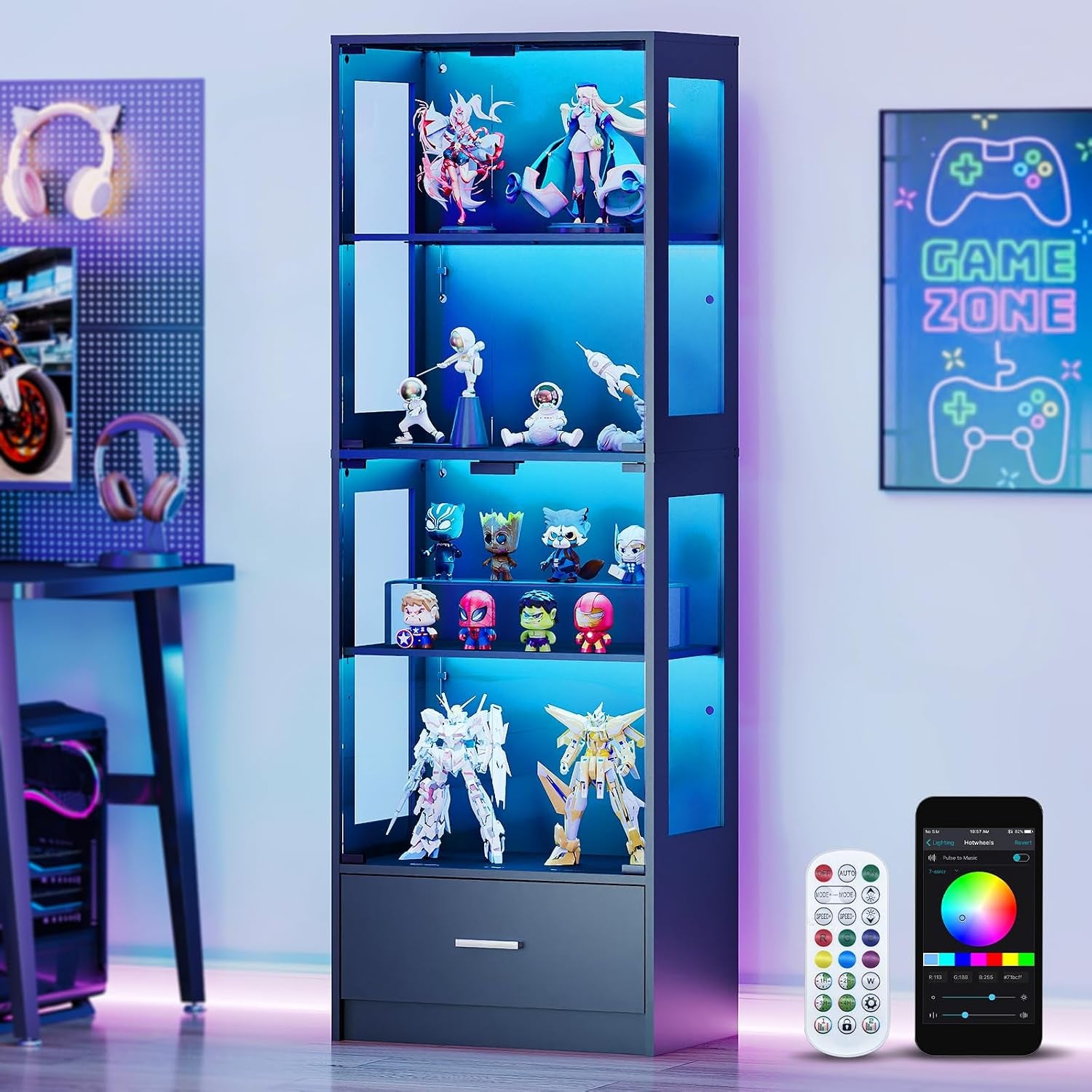 Glass Display Cabinets with LED Lights, App & Remote Control, Adjustable Shelves, Curio Cabinet for Collectables, Model Display Case Unit for Living Room, Black