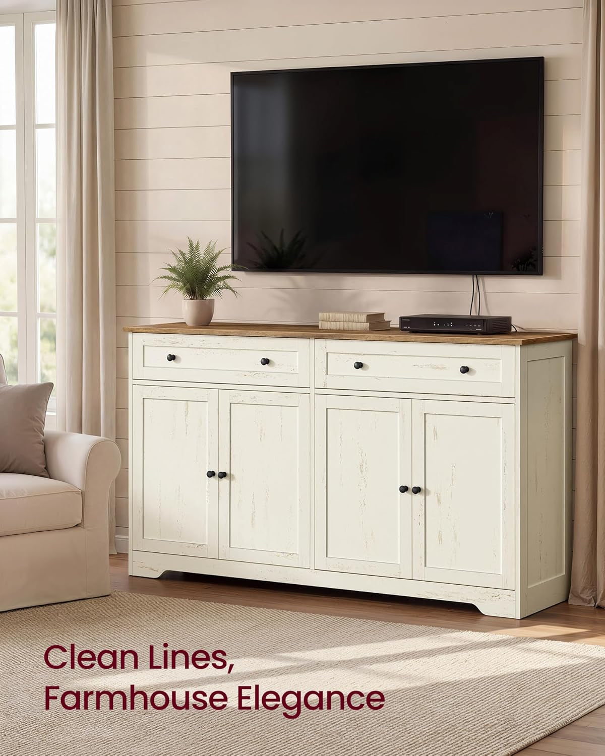 Collection - Storage Cabinet, Farmhouse Buffet Cabinet with 2 Drawers and Adjustable Shelves, 4 Doors, Sideboard, Coffee Bar, 40 X 140 X 80 Cm, Rustic White and Honey Brown SIREN LSC541WJ01