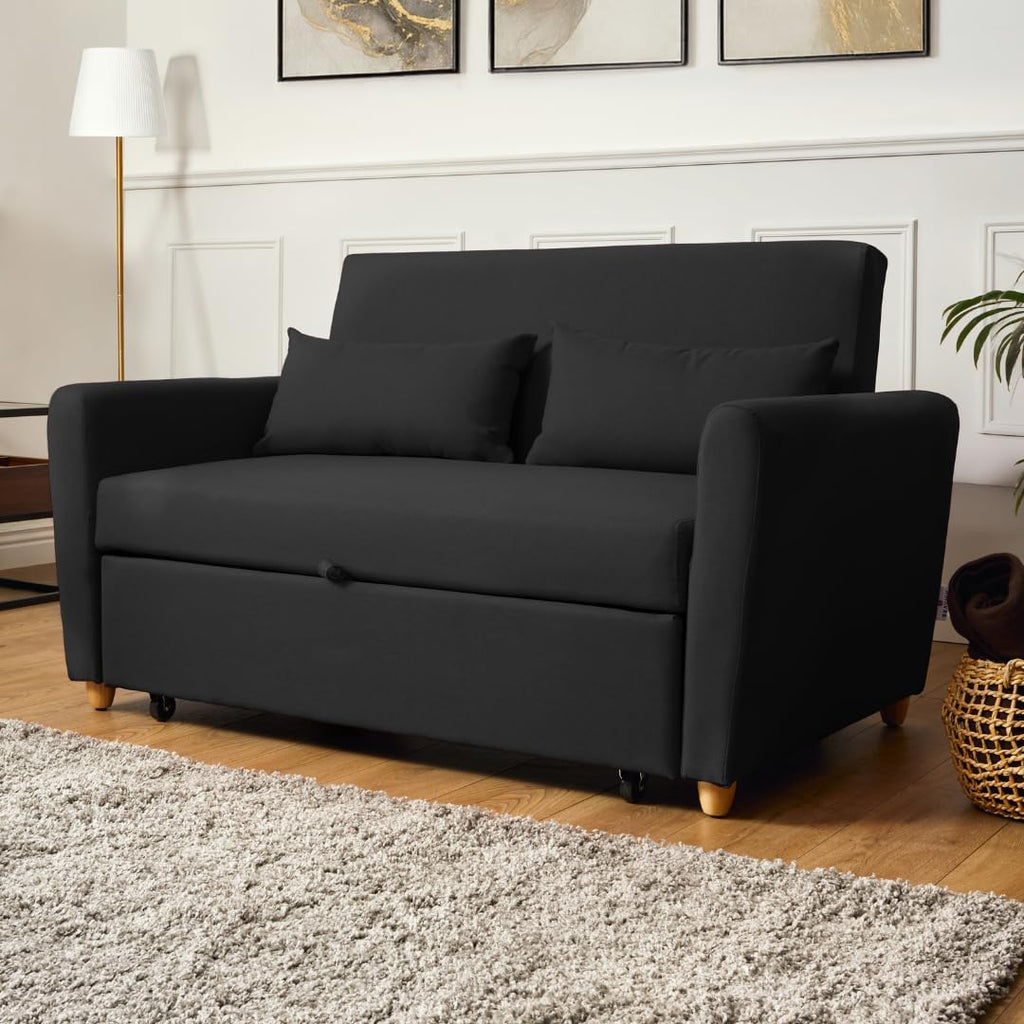 Black 2 Seater Sofa Bed Double, Pull Out Sofa Bed for Adults, Compact Fabric Sofabed with Fold Flat Mattress | Living Room Guest Bed | 140Cm