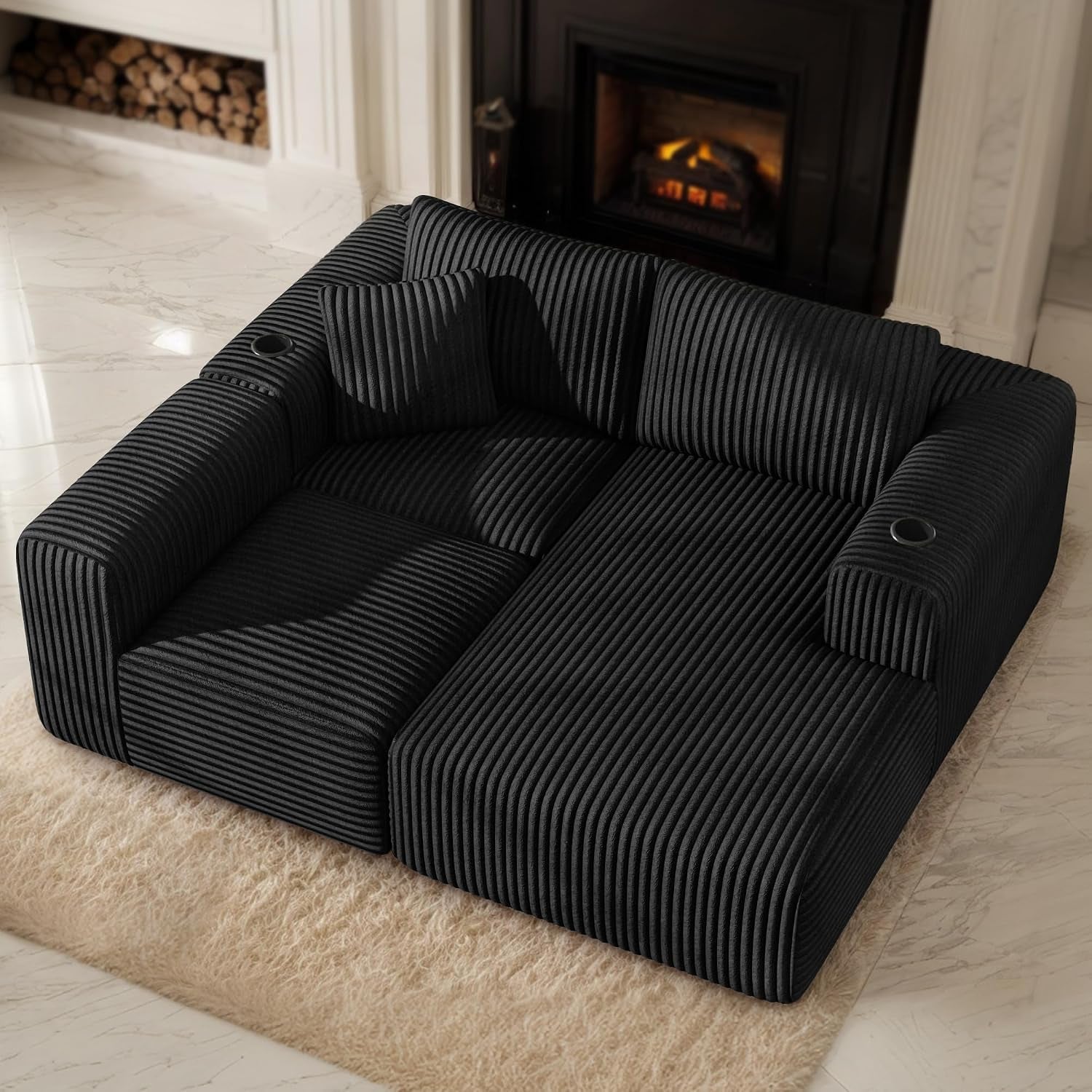 275Cm L-Shaped Sofa Boneless Modular Sectional Cloud Couch | 3-4 Seater, Corduroy Memory Foam,Cup Holder,No Assembly,Living Room & Bedroom