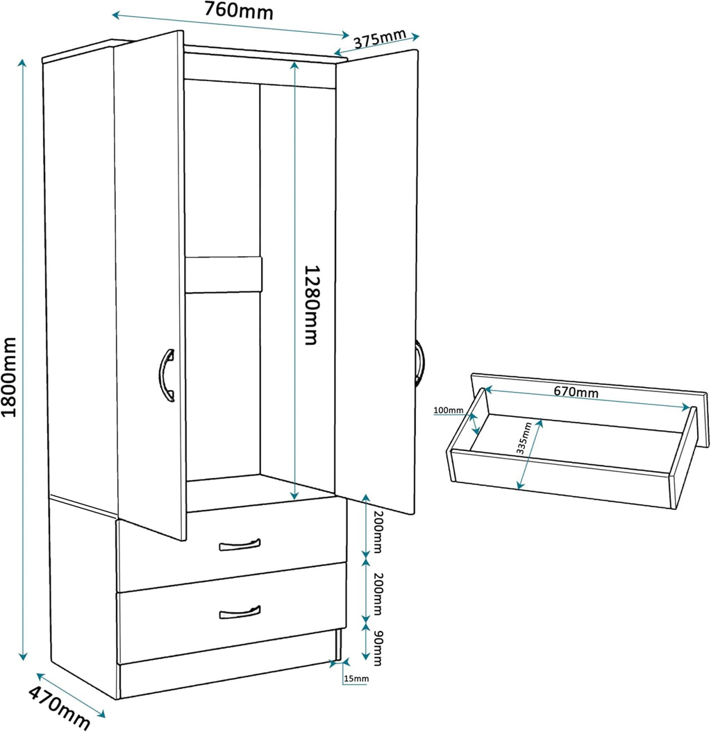 Gloss 2 Door Wardrobe with Mirror N Drawer 180Cm for Bedroom Storage, Gloss White(Matt White)