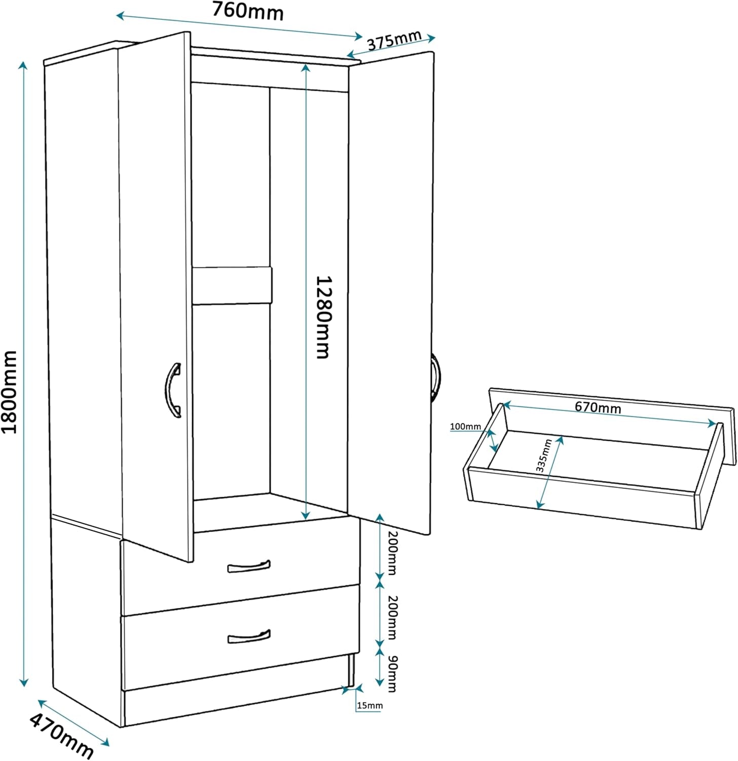Gloss 2 Door Wardrobe with Mirror N Drawer 180Cm for Bedroom Storage, Gloss White(Matt White)