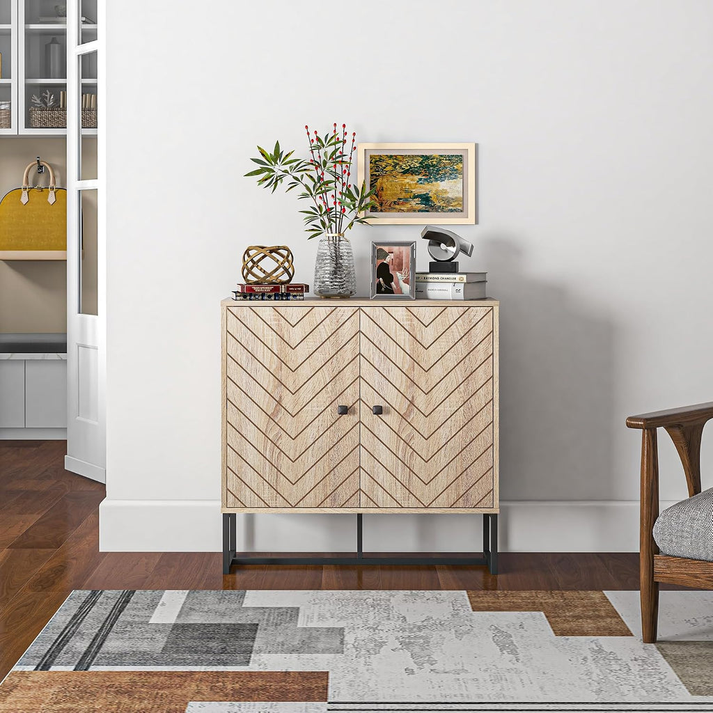 Sideboard Buffet Cabinet with Chevron Doors Metal Base Natural | Modern Accent Cabinet, Freestanding Storage Cupboard, Adjustable Shelf, Living Room, Dining Room
