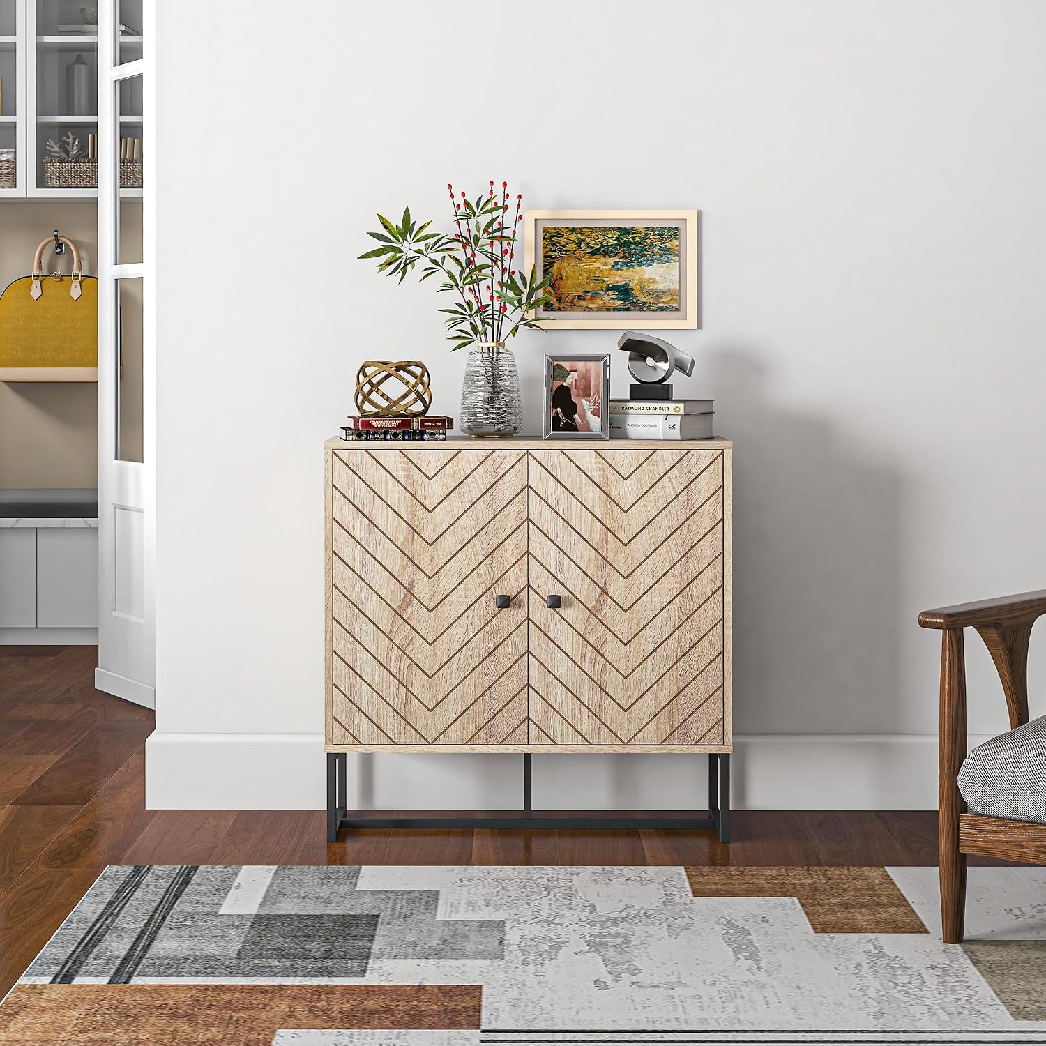 Sideboard Buffet Cabinet with Chevron Doors Metal Base Natural | Modern Accent Cabinet, Freestanding Storage Cupboard, Adjustable Shelf, Living Room, Dining Room