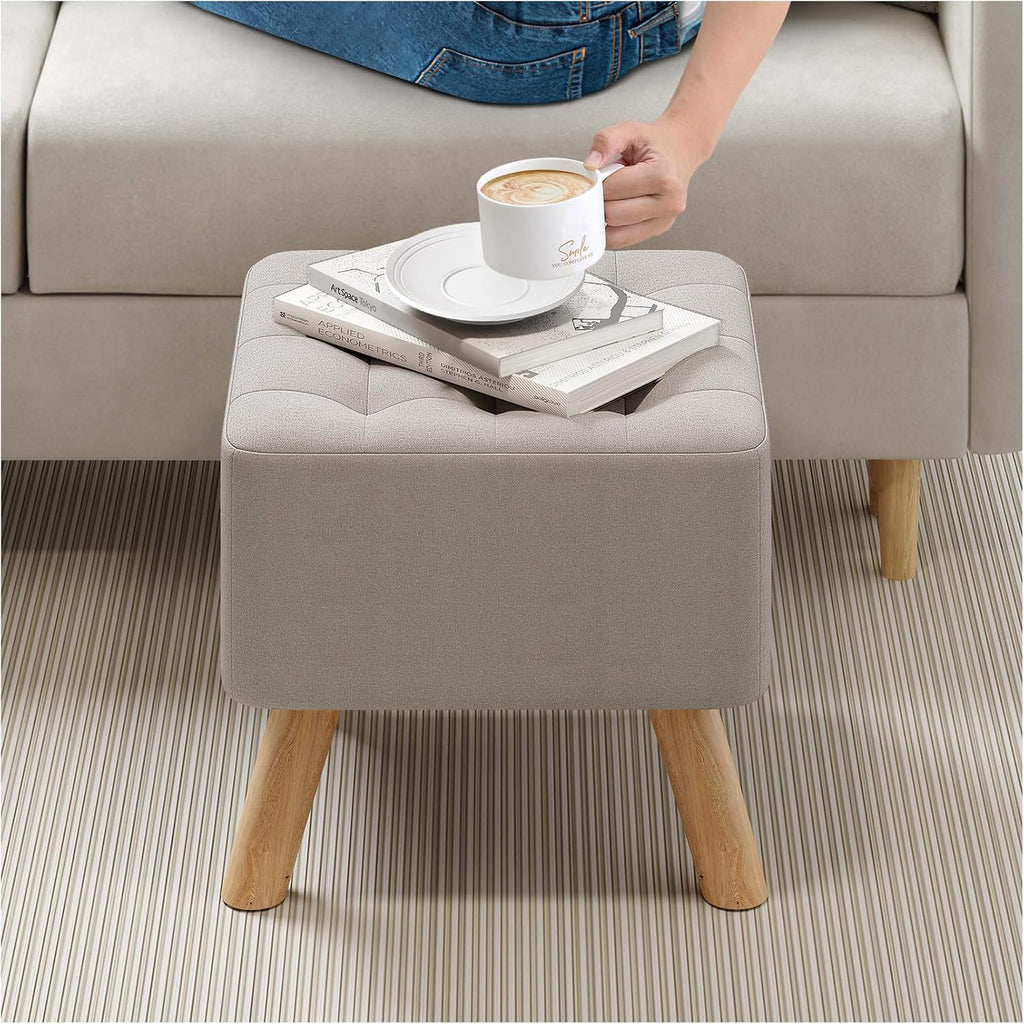 Linen Fabric Footstool Square Upholstered Stool Pouffe Stool Change Shoe Footrest Wooden Legs for Living Room Bedroom (Beige)