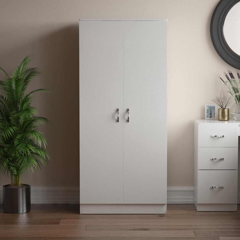 Riano 2 Door Wardrobe | White | Bedroom Furniture | 170H X 76W X 53D Cm | with Shelf & Hanging Rail | Large Capacity Storage