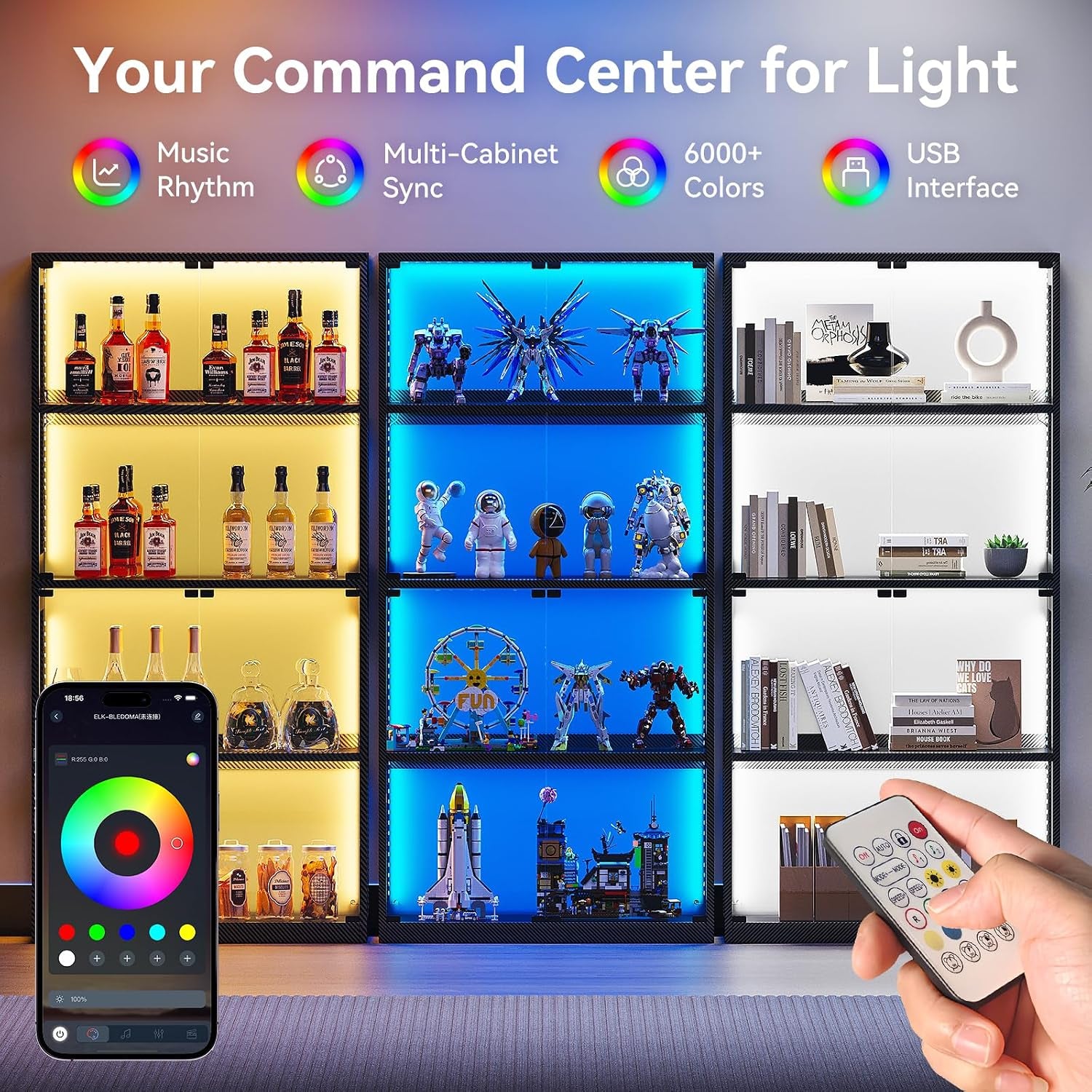 Glass Display Cabinet with RGB LED Light, 160X70X30Cm, Black | Display Cases with 3 Color Lights, Modern Storage Cabinet with Glass Door, Tall Bookcase for Home Office, Living Room