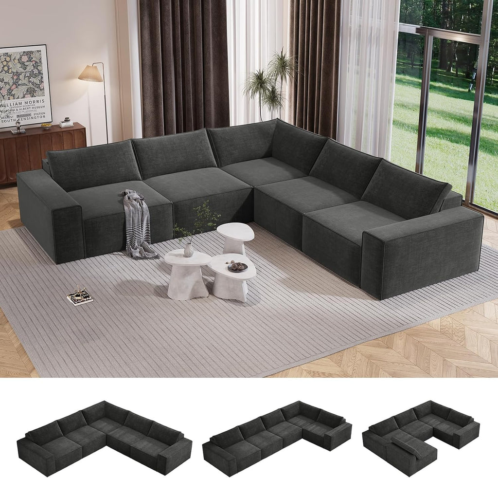 285Cm Boneless Corner Sofa, Deep Seat Large Modular Couch, Grey | Cloud Comfort, No Assembly Required, Easy Rearrangement, Sectional Living Room Couch for Apartment, Compressed Sofa Chenille