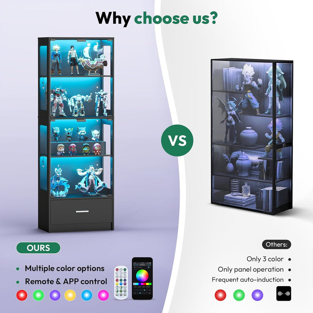 Glass Display Cabinets with LED Lights, App & Remote Control, Adjustable Shelves, Curio Cabinet for Collectables, Model Display Case Unit for Living Room, Black