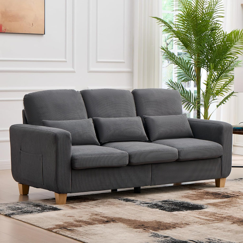3 Seater Sofa, Corduroy Couch with Solid Wood Frame,Gray | 16Cm Thick High Density Foam, Removable Machine-Washable Covers, Solid Wood Frame, Easy Assembly, UK Fire Safety Compliant.