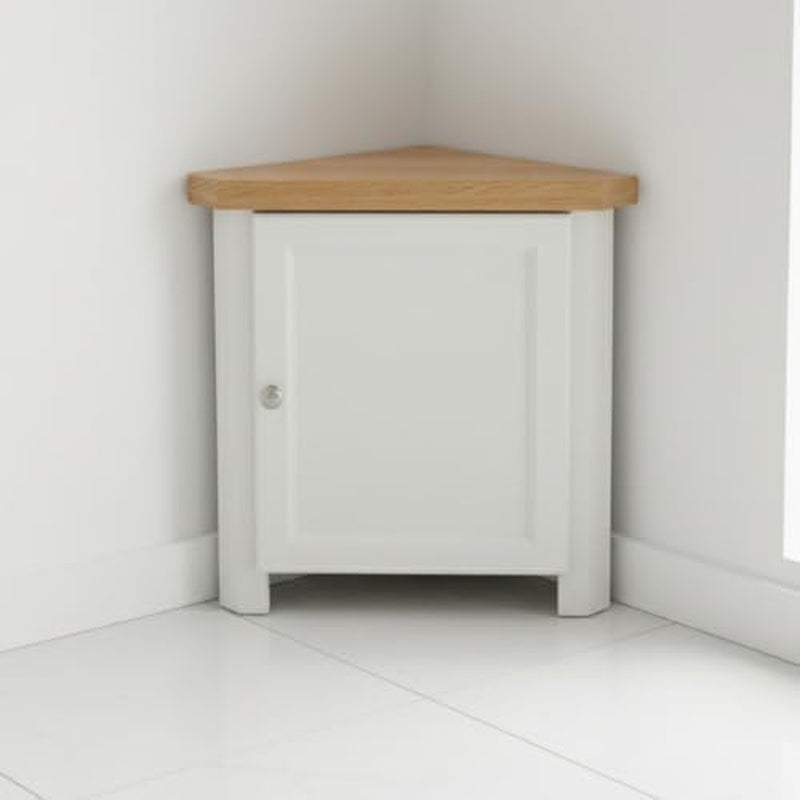 Corner Cabinet with Chunky Oak Top - Corner Unit with Shelf, Assembled Small Cabinet for Small Nooks or Bedside Table (White 2)