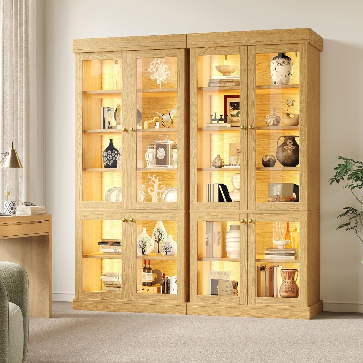 Modern Display Cabinets Combo with Glass Doors & LED Lights, Freestanding Bookcase/Cabinet for Living Room, Oak Colour