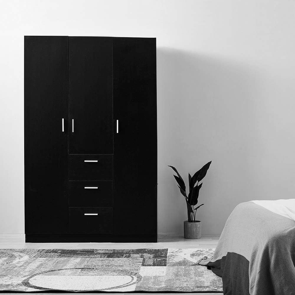 Wooden 3 Doors 3 Drawers Wardrobes with Hanging Rail and Storage Shelves Modern Large Clothes Cupboards Unit for Bedroom Furniture (Black)