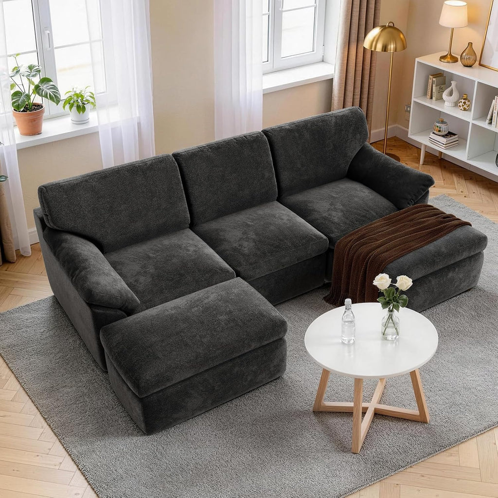 Boneless Cloud Sectional Sofa, 240Cm Modular Chenille Couch, Grey | No Assembly Needed, Expands in 72Hrs, 380Gsm Skin-Friendly Chenille Fabric, Perfect for Living Rooms & Apartments