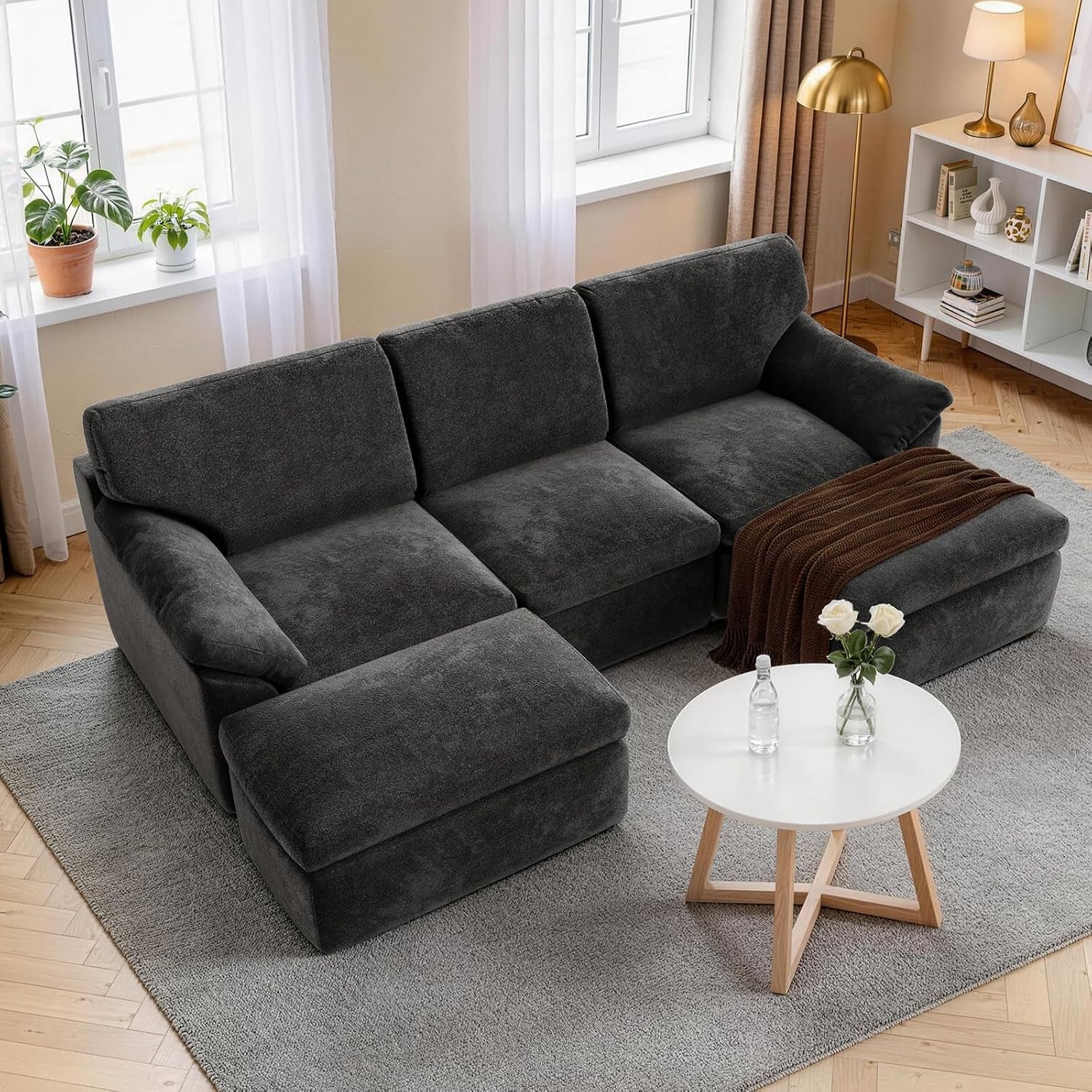 Boneless Cloud Sectional Sofa, 240Cm Modular Chenille Couch, Grey | No Assembly Needed, Expands in 72Hrs, 380Gsm Skin-Friendly Chenille Fabric, Perfect for Living Rooms & Apartments