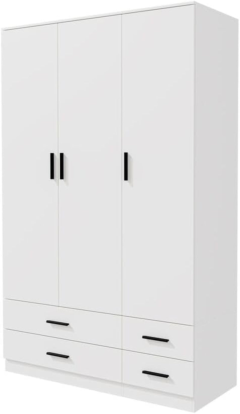 Modern 3 Door 4 Drawer Wardrobe with Hanging Rail, Bedroom Furniture, Storage Shelf Clothes Organiser Stylish Design, Ample Storage Solution (White)