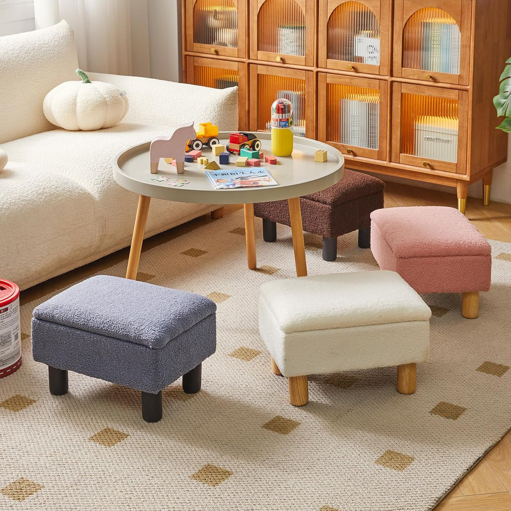 Small Footstool with Storage, Faux Teddy Fur Foot Stool Ottoman with Wooden Legs, Change Shoes Stool for Living Room Bedroom Entryway Office,White YD-JD136W