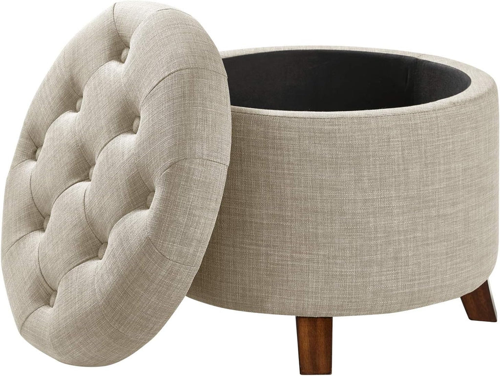 Upholstered Linen Tufted Storage round Ottoman Footstool, 50.8 X 43.2 X 50.8 Cm, Burlap Beige
