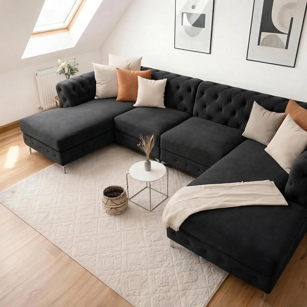 Chesterfield U-Shaped Corner Sofa | Plush Velvet Button Tufted Sofas | Large Double Chaise Sectional Sofa | 4–5 Seater Sofa for Living Room with Scatter Cushions (Black, U Shape Sofa)