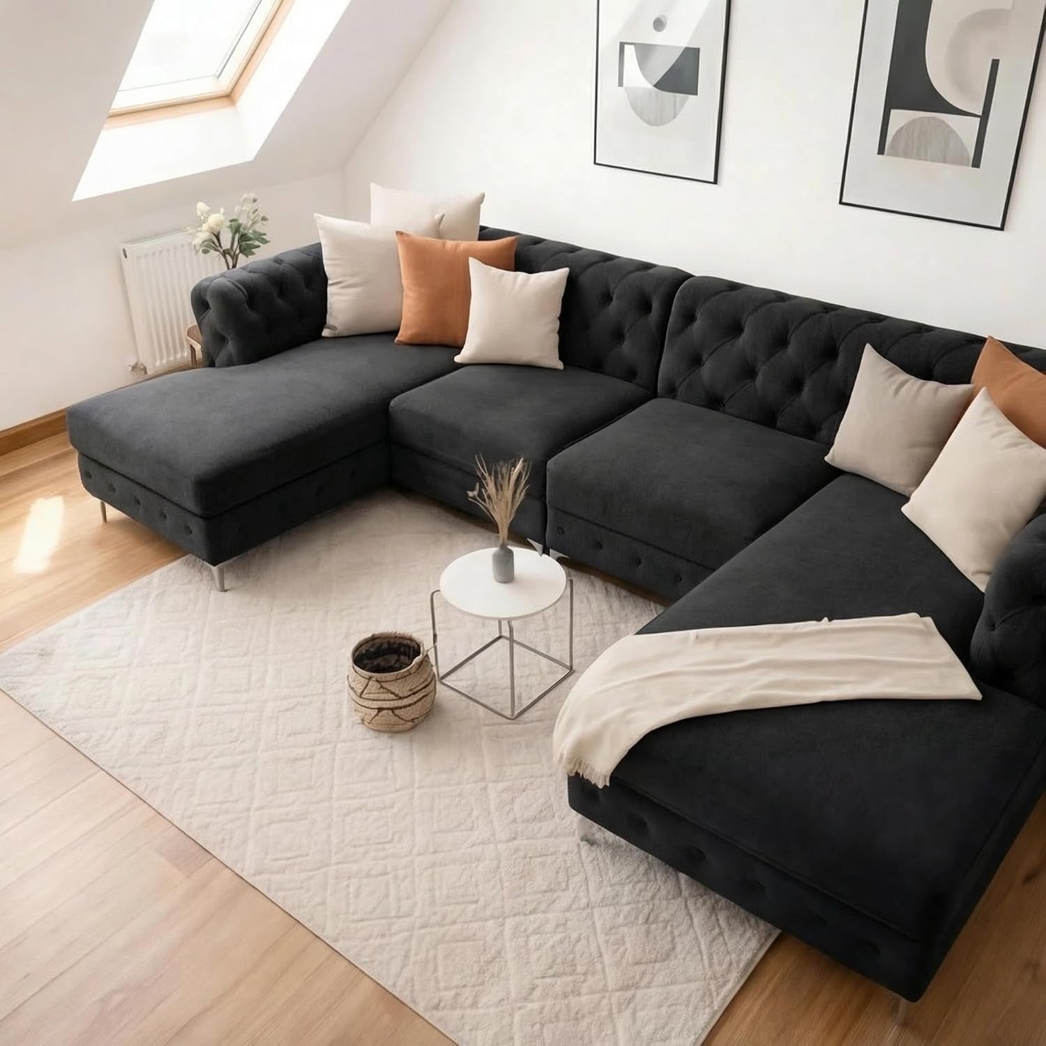 Chesterfield U-Shaped Corner Sofa | Plush Velvet Button Tufted Sofas | Large Double Chaise Sectional Sofa | 4–5 Seater Sofa for Living Room with Scatter Cushions (Black, U Shape Sofa)