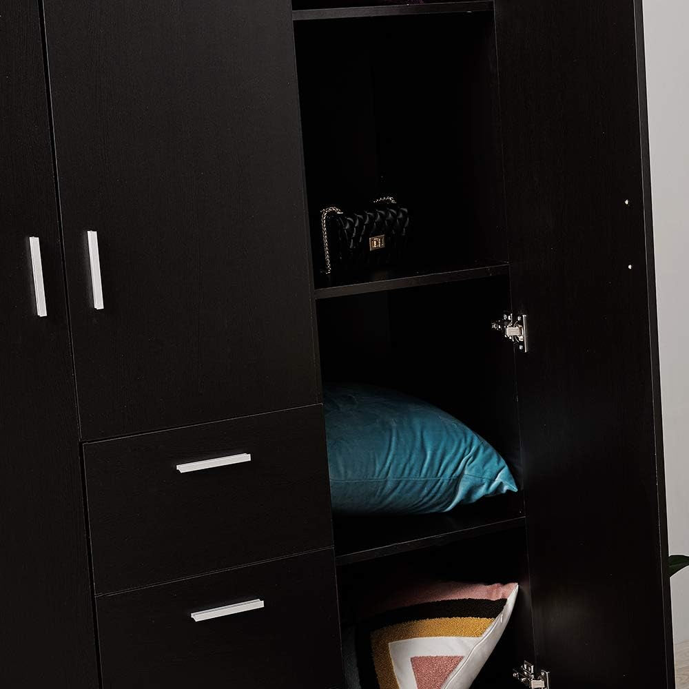 Wooden 3 Doors 3 Drawers Wardrobes with Hanging Rail and Storage Shelves Modern Large Clothes Cupboards Unit for Bedroom Furniture (Black)