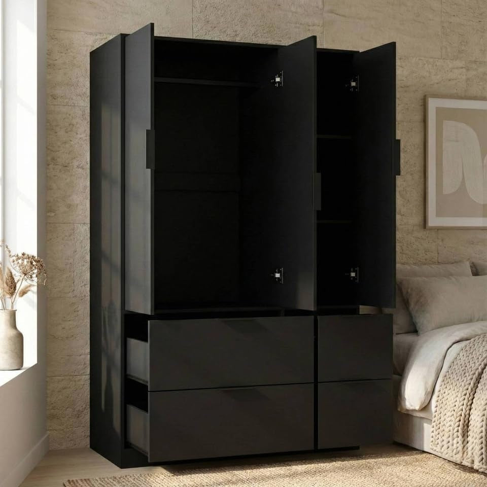 3 Door Wardrobe with 4 Drawers – Wooden Bedroom Storage Cupboard with Hanging Rail for Clothes - Black Unit & Black Doors & Drawers