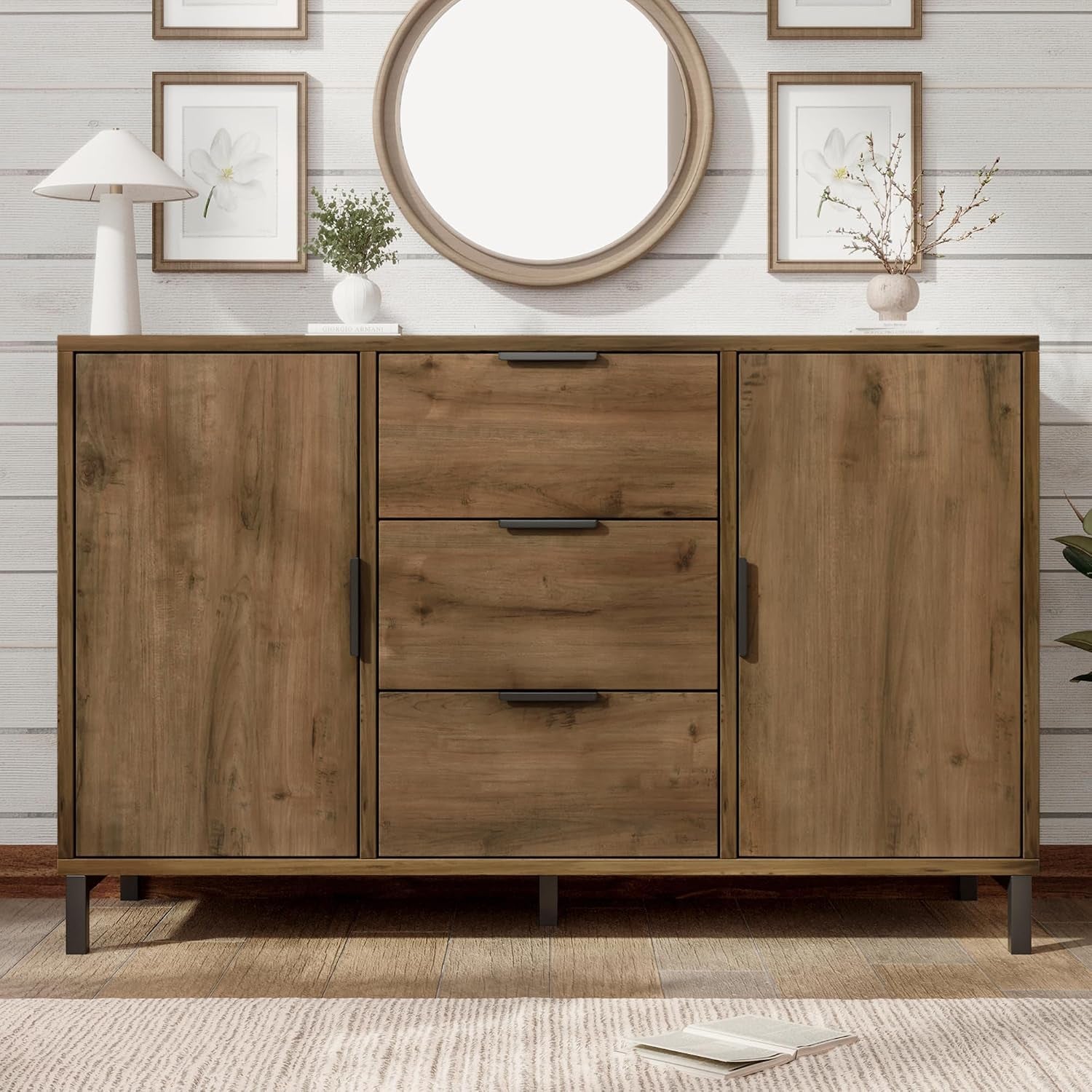 Sideboard Cabinet Cupboard with 2 Doors and 3 Drawers, Rustic Sideboards for Living Room, Kitchen, and Hallway, Adjustable Shelf, 120 X 40 X 76 Cm, Dark Oak