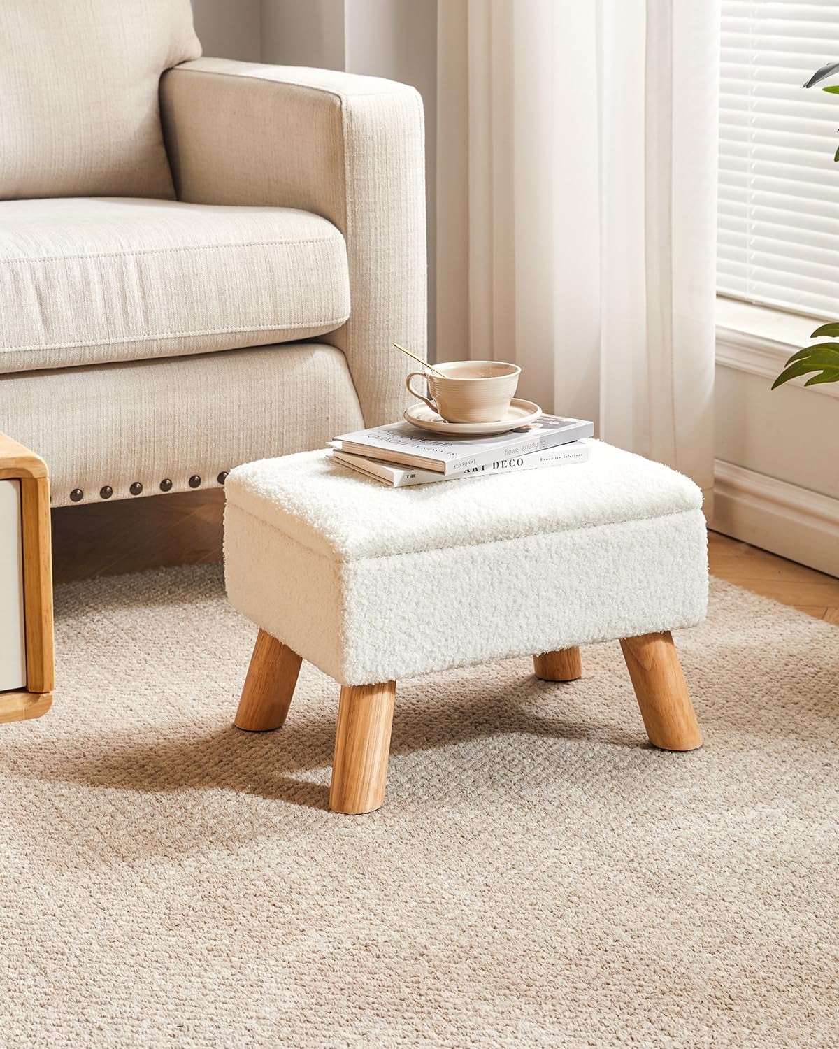 Footstool with Storage, Small Foot Stool Ottoman with Sturdy Wood Legs Stool, Foot Rest with Padded Seat, for Living Room Bedroom Couch Enterway 40 ×30 ×28CM White HBD042W